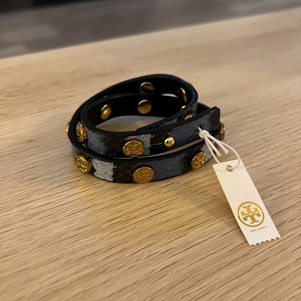 Tory Burch Black and Gold Studded Wrap Bracelet